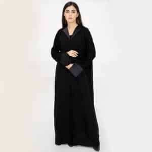 Shumookh Black Crepe Abaya with Lapel Collar and Open Cuff Sleeves + Hijab