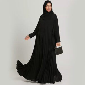 Shumookh Black Pleated Abaya with Cuff Sleeves and Hijab