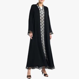 Shumookh Black Abaya – Modern Gold Geometric Elegance