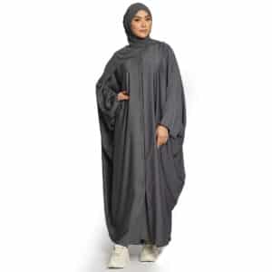 Shumookh Grey Satin Abaya with Batwing Sleeves and Hijab